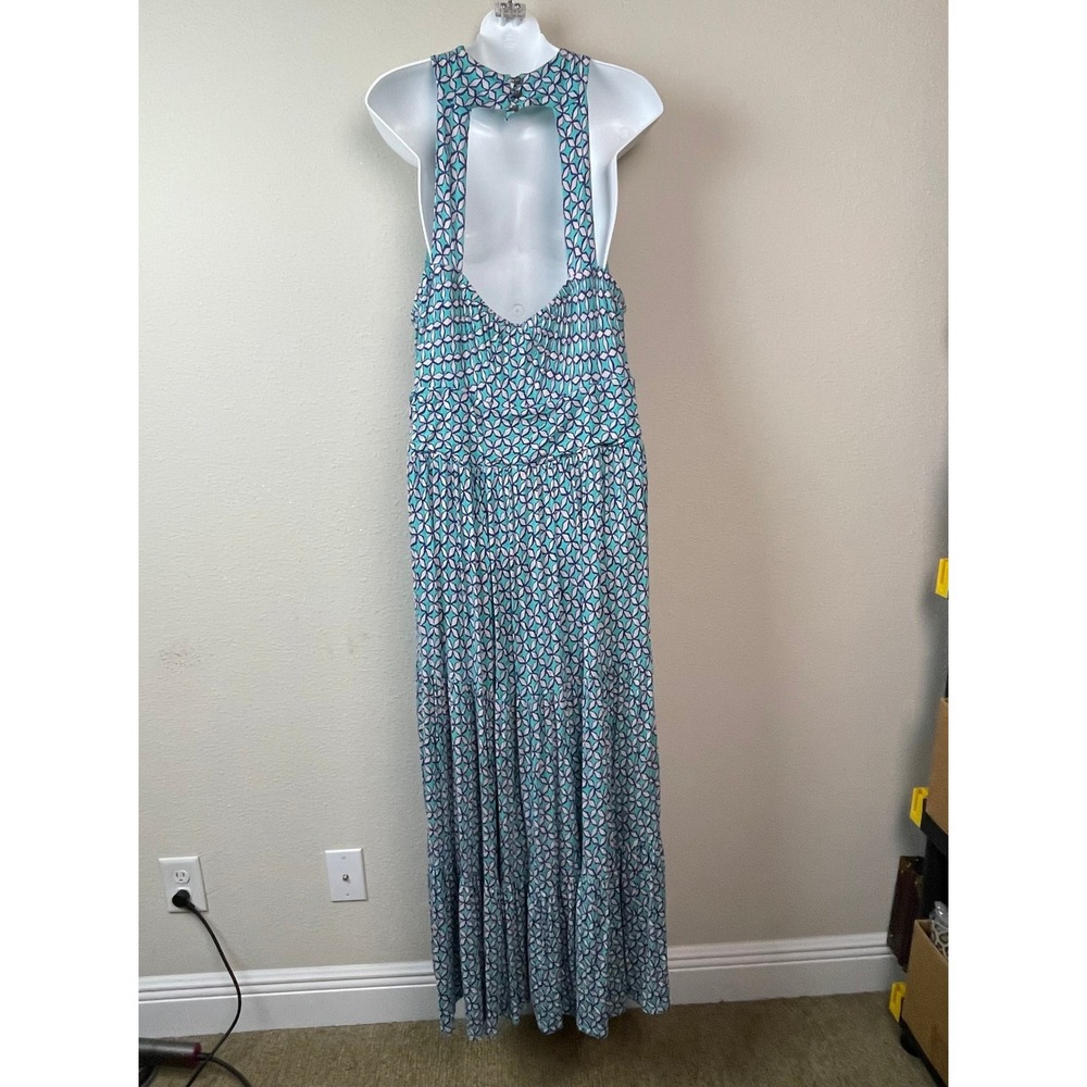 Maeve Anthropologie Maxi Dress Womens 2X Teal Geometric Open Back Boho Resort - Picture 6 of 7